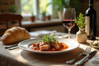 Table rustique avec civet de lapin à la provençale et vin rouge
