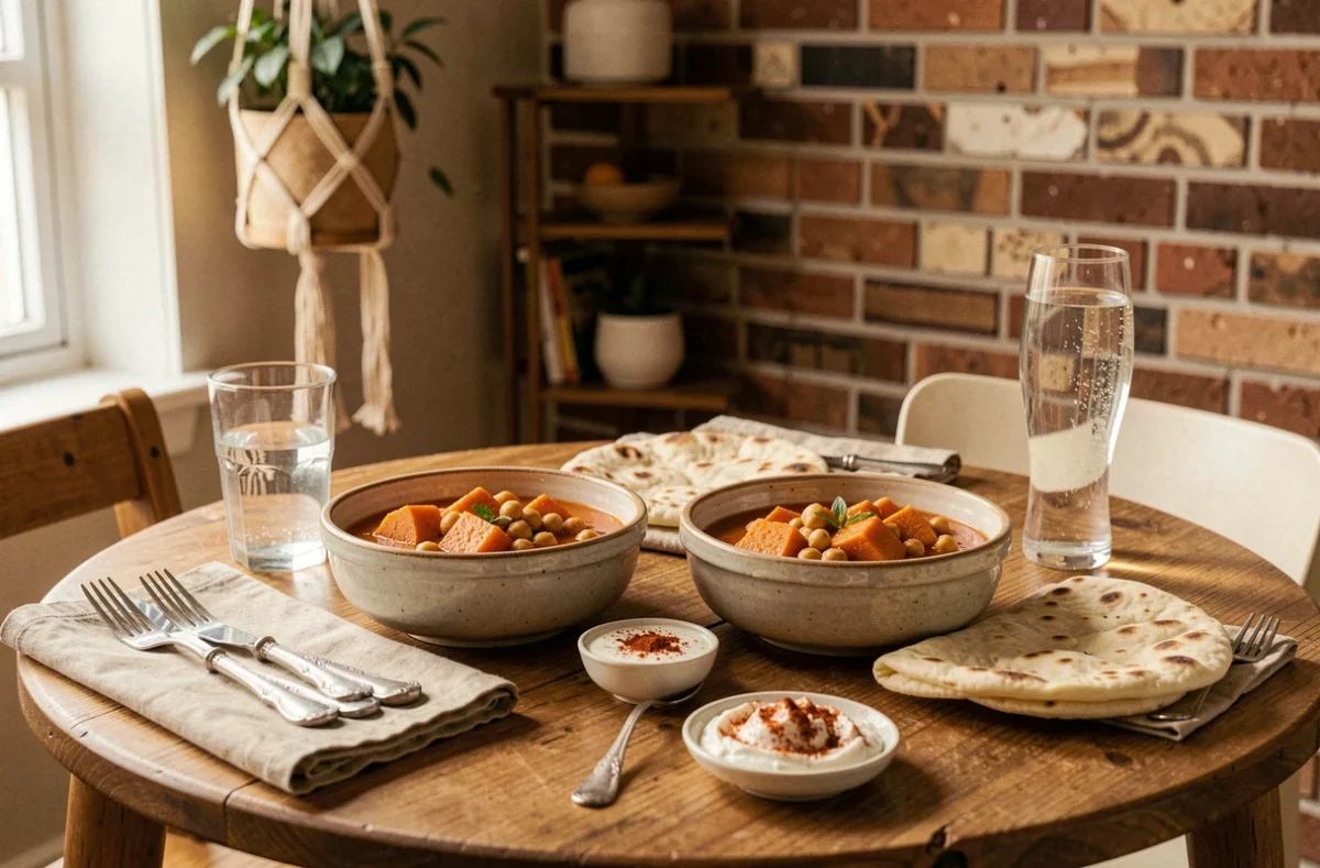 Table de dîner végétarien avec deux bols de curry de patate douce et pois chiches et pain plat chaud