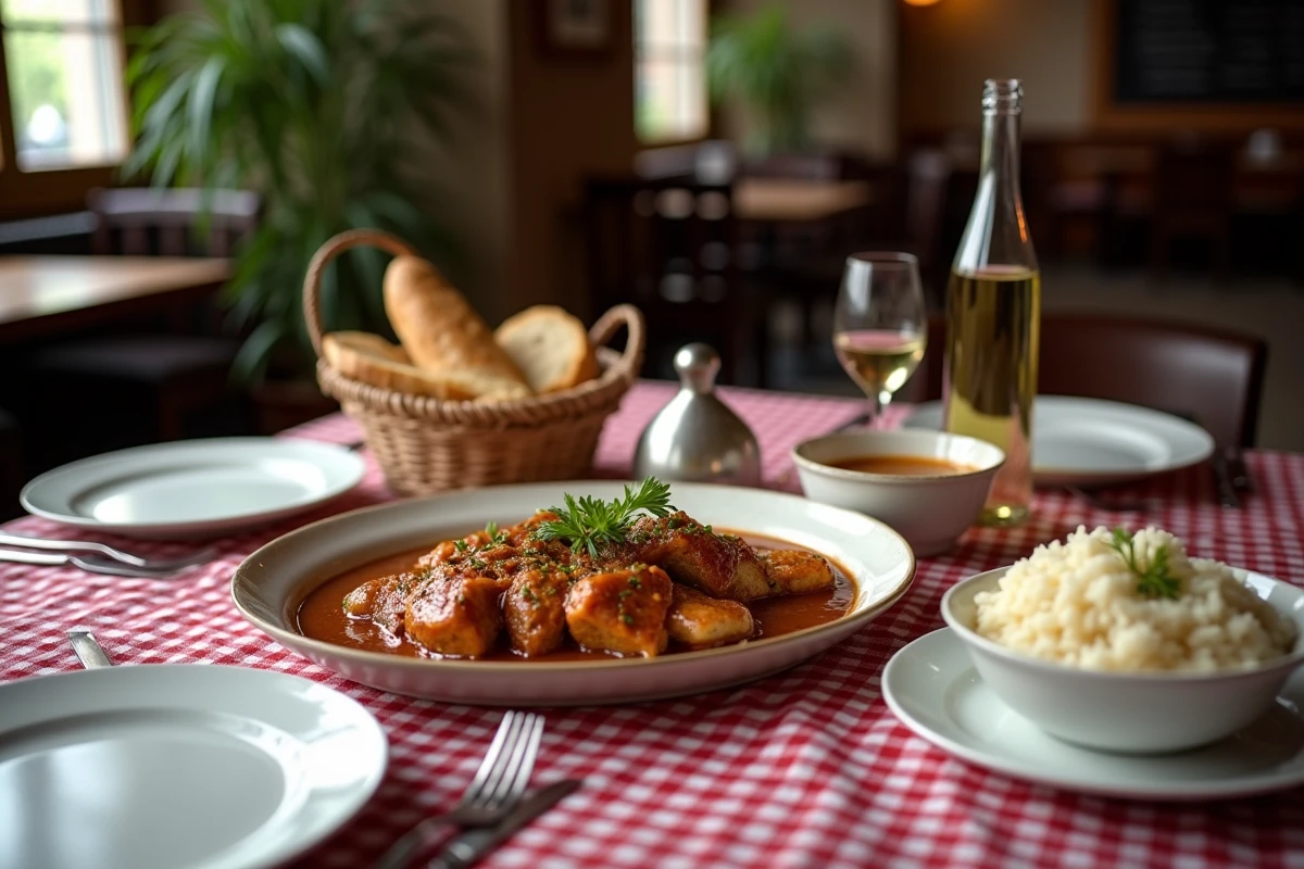 Table de bistrot dressée pour un repas de blanquette de veau avec riz, baguette et vin blanc dans un décor de café français