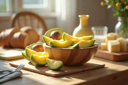 Table familiale ensoleillee avec fruits et pain complet