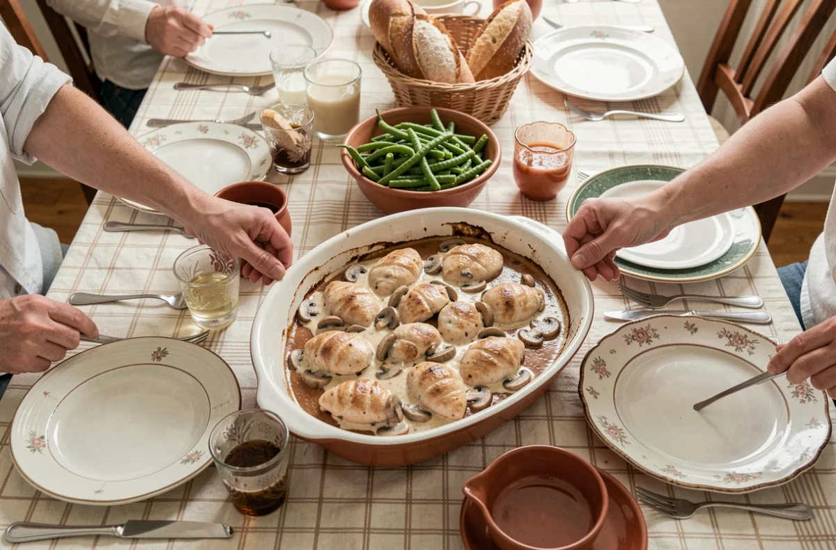 Table familiale avec plat de poulet au four à la crème et champignons entouré de pain et de légumes pour un repas du dimanche