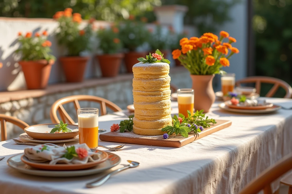 Table de fête espagnole en plein air avec un brazo de gitano comme pièce maîtresse, entouré de vaisselle colorée et de fleurs sur une terrasse en pierre
