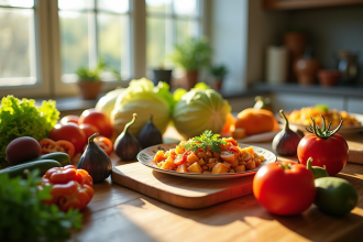 Table de cuisine avec fruits et légumes frais colorés