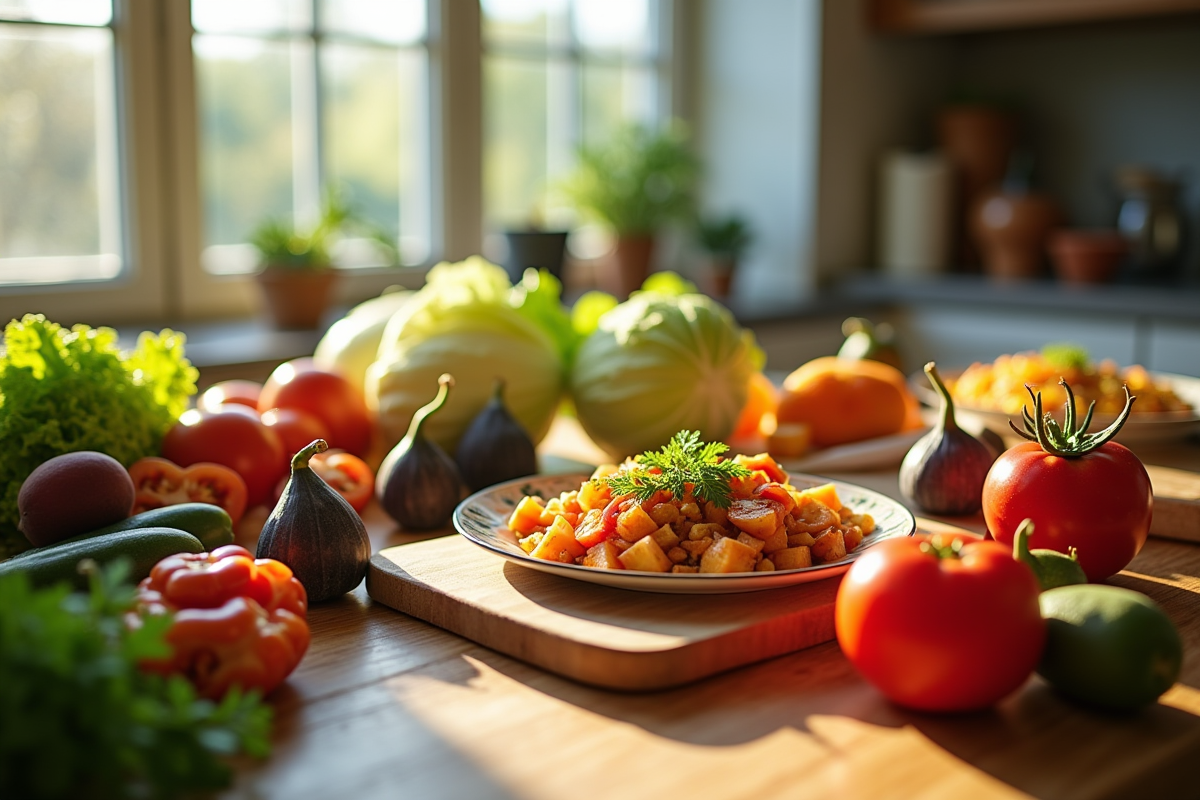 Table de cuisine avec fruits et légumes frais colorés