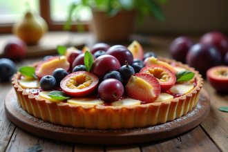 Tarte aux fruits violets et poires sur table en bois