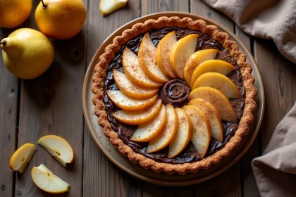 Tarte poire chocolat avec pâte sablée dorée et ganache brillante, vue de dessus sur table en bois rustique