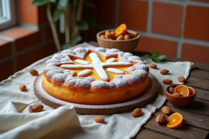 Tarte Santiago traditionnelle espagnole décorée de sucre glace en forme de croix de Saint-Jacques, posée sur une table en bois rustique avec des amandes et de la cannelle