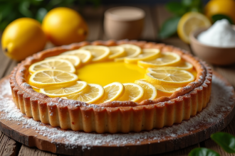 Tartelette au citron frais sur table en bois rustique