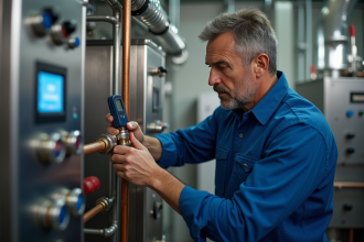 Technicien en bleu installant une sonde sur un tuyau cuivre dans une chaufferie