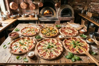 Vue aérienne de six pizzas artisanales variées sur une table en bois rustique, entourées d'ingrédients frais et d'ustensiles de cuisine, illustrant les grandes tendances food pizza 2026
