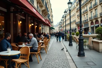 Terrasse animée du Café du Châtelet à Paris avec chaises bistro en rotin et tables en marbre face au quartier des Halles