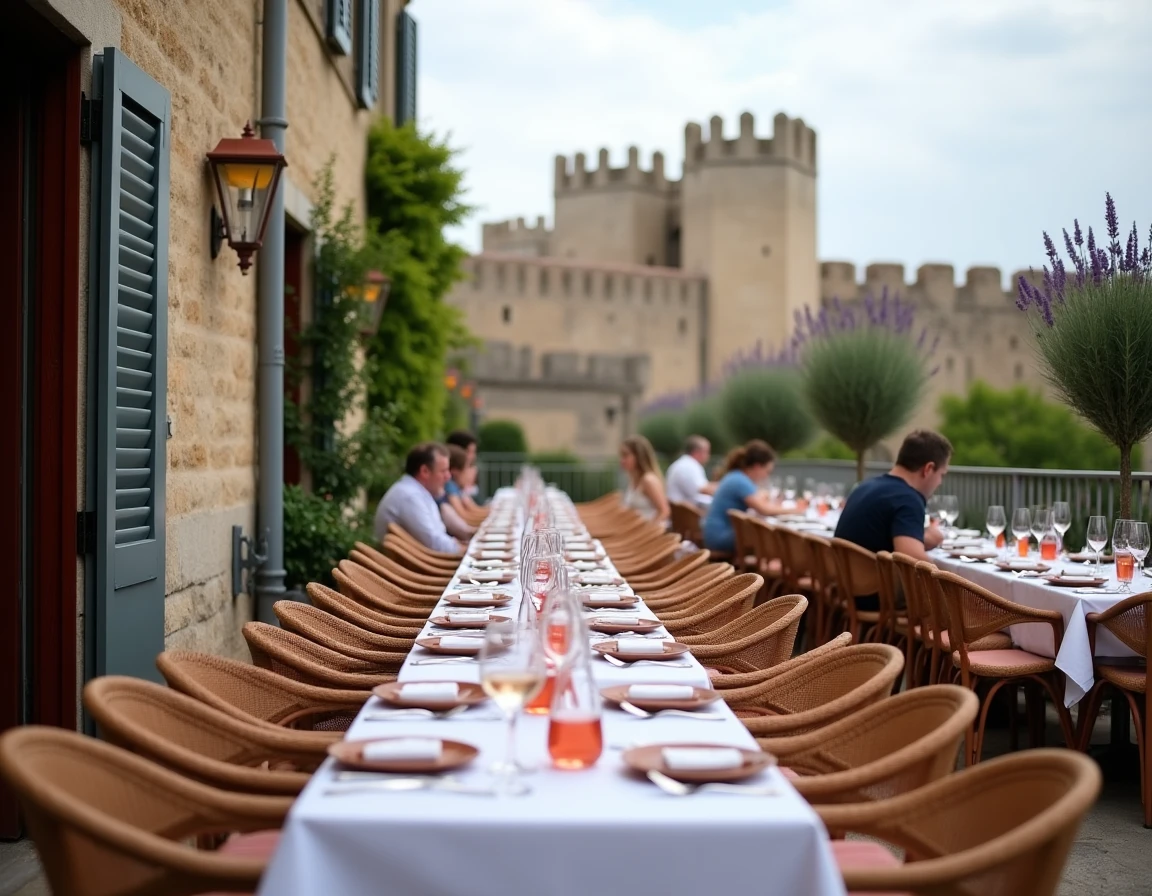 Terrasse d'un restaurant en centre ville de Carcassonne dressée pour un grand groupe avec vue sur les remparts médiévaux de la Cité