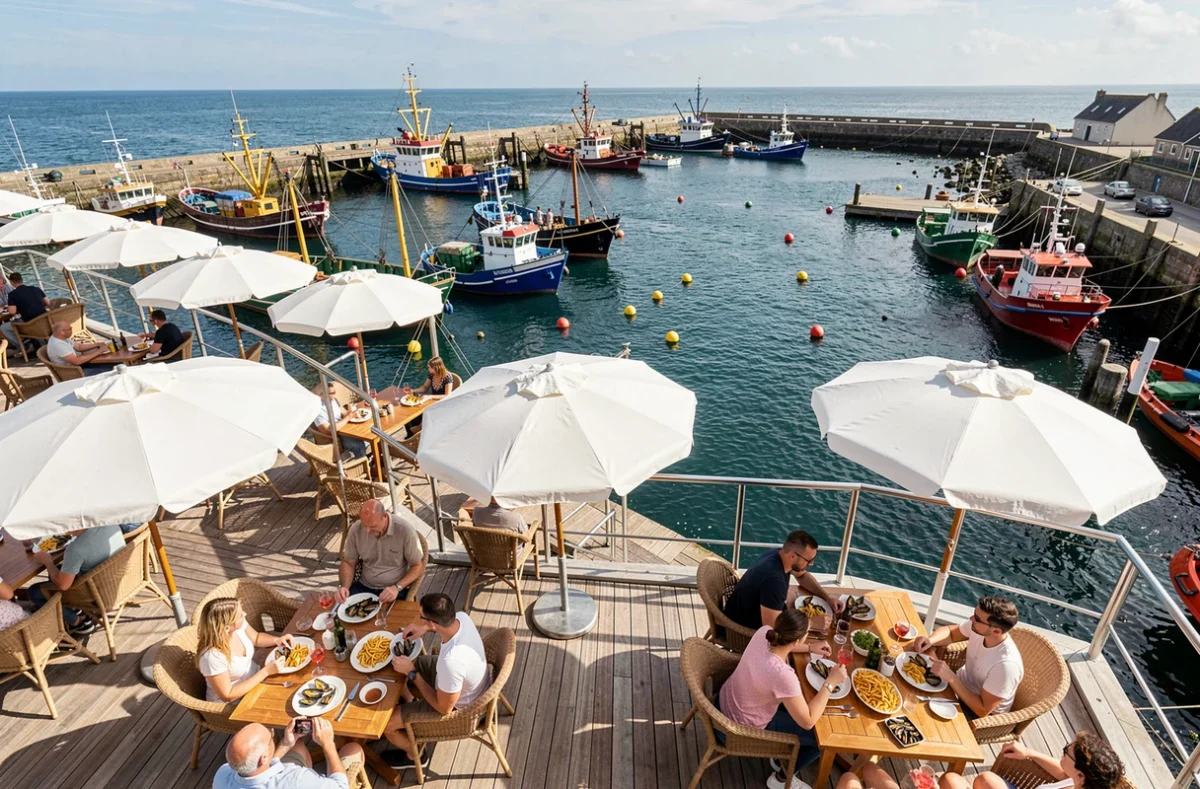 Terrasses du Port à Saint-Quay-Portrieux avec vue panoramique sur le port de pêche et les bateaux colorés