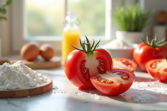 Tomate tranchée sur plan de travail en marbre avec ingrédients de pâtisserie
