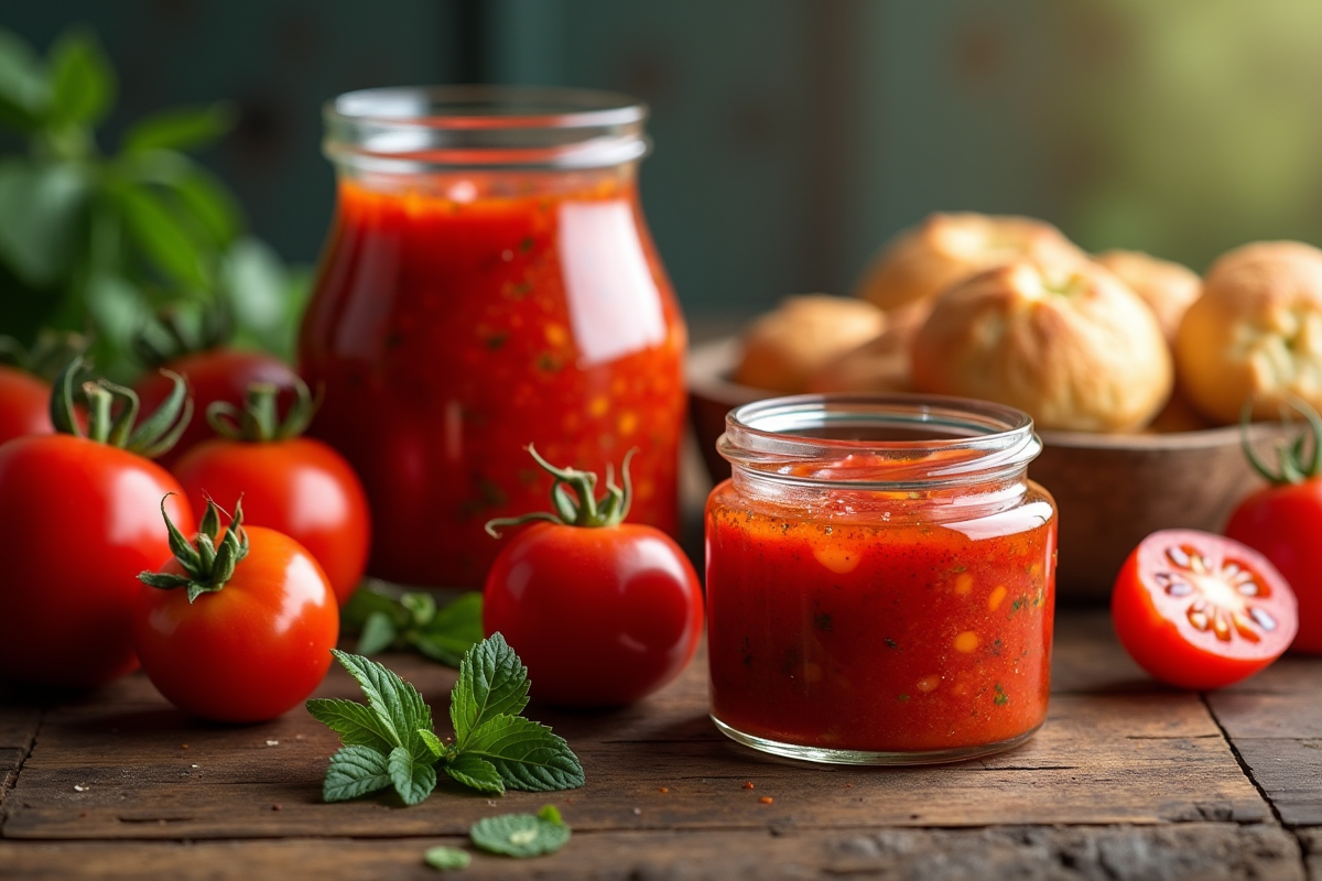 Composition de tomates fraîches et confiture de tomate avec pâtisseries