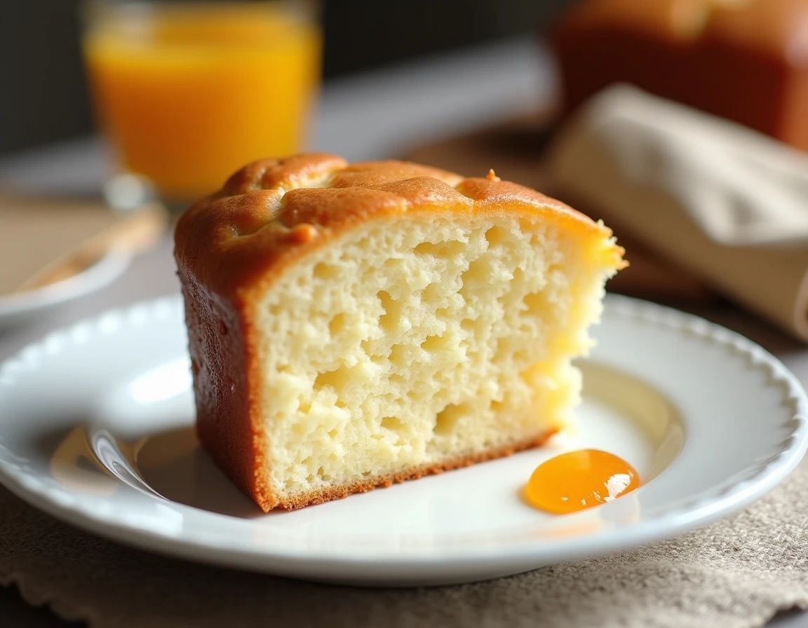 Tranche de gâteau au yaourt moelleux en gros plan sur une assiette blanche, mie aérée et croûte dorée, fiche recette en arrière-plan