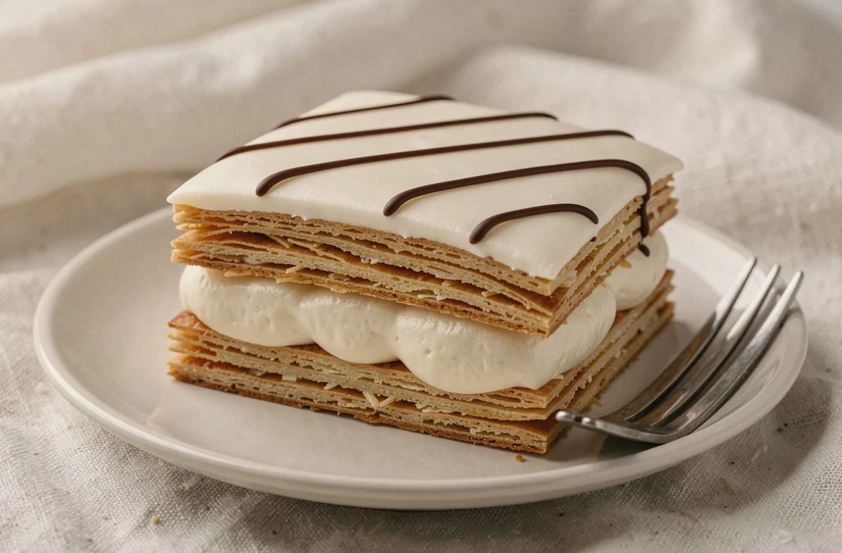 Tranche de mille-feuille en gros plan montrant le glaçage lisse et les couches de pâte feuilletée et crème vanille