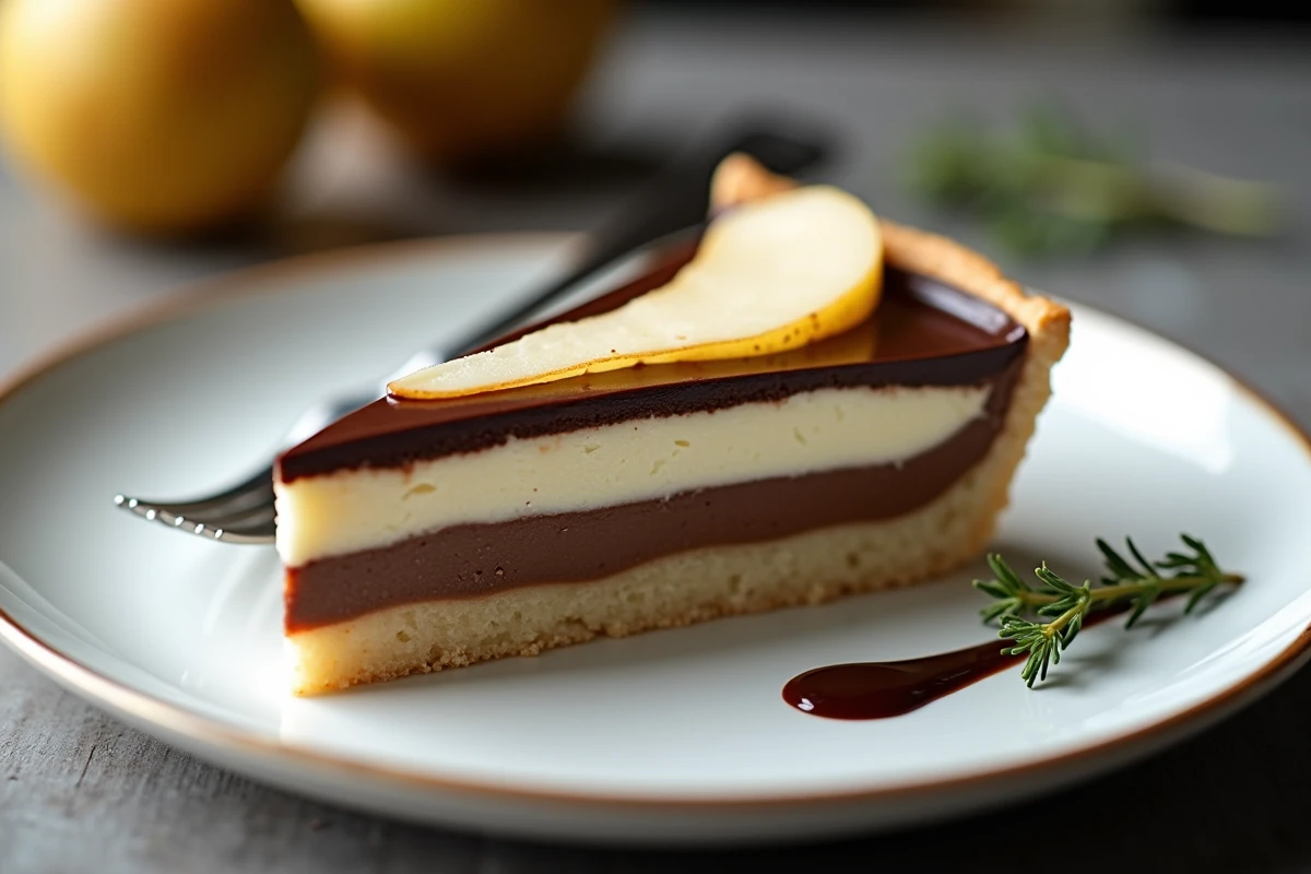 Tranche de tarte poire chocolat révélant les couches de pâte sucrée, crème d'amande et ganache sur assiette en porcelaine blanche