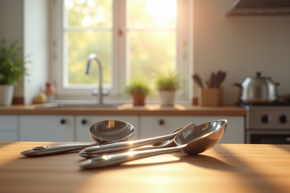 Set d'ustensiles en inox brillant sur plan de travail lumineux