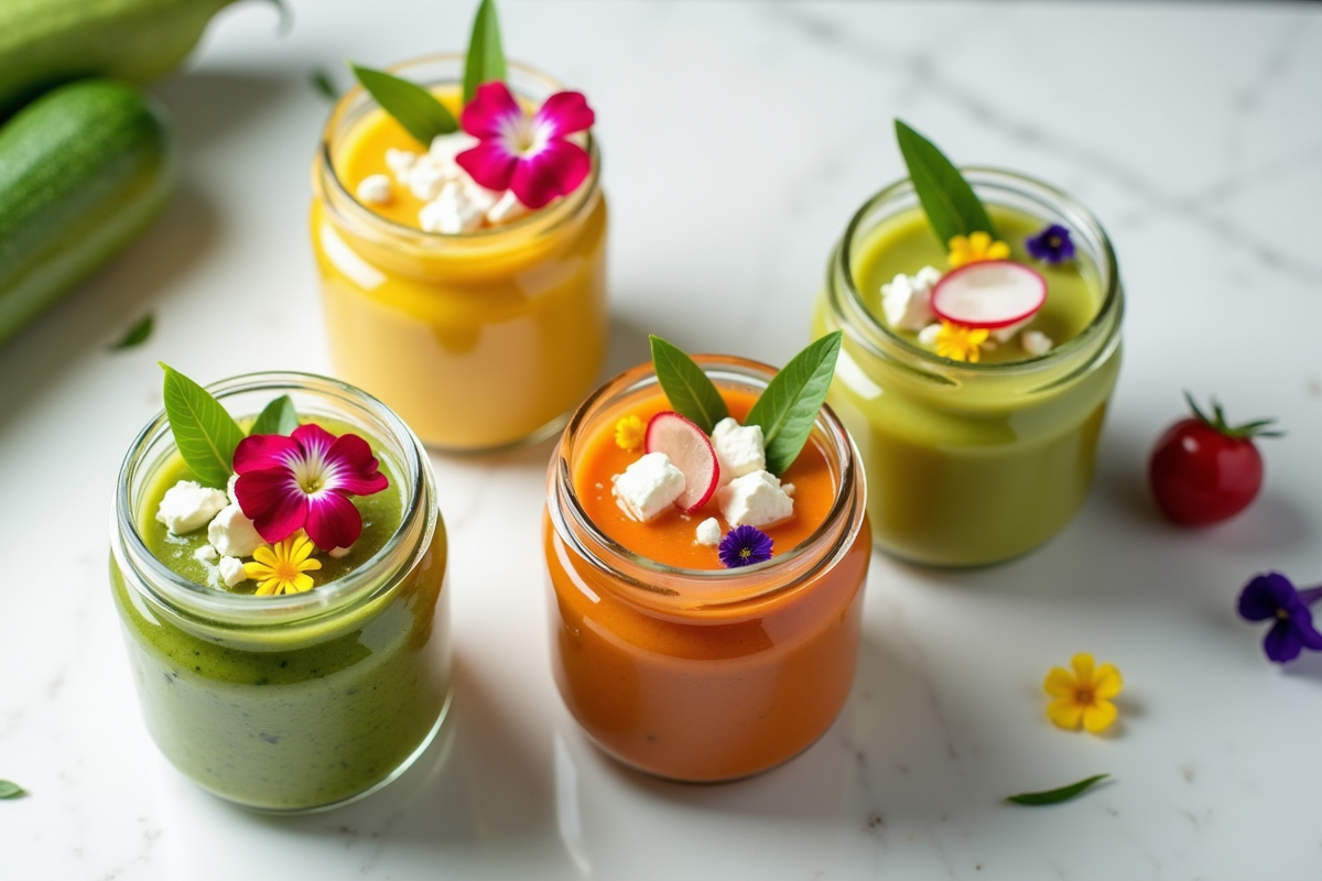 Différentes variations de gazpacho de courgette en petits pots colorés