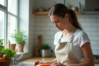 Une femme végane dans sa cuisine moderne regardant un filet de saumon frais avec une expression hésitante, illustrant le débat éthique entre végétalisme et consommation de poisson