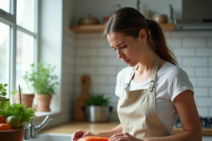 Une femme végane dans sa cuisine moderne regardant un filet de saumon frais avec une expression hésitante, illustrant le débat éthique entre végétalisme et consommation de poisson