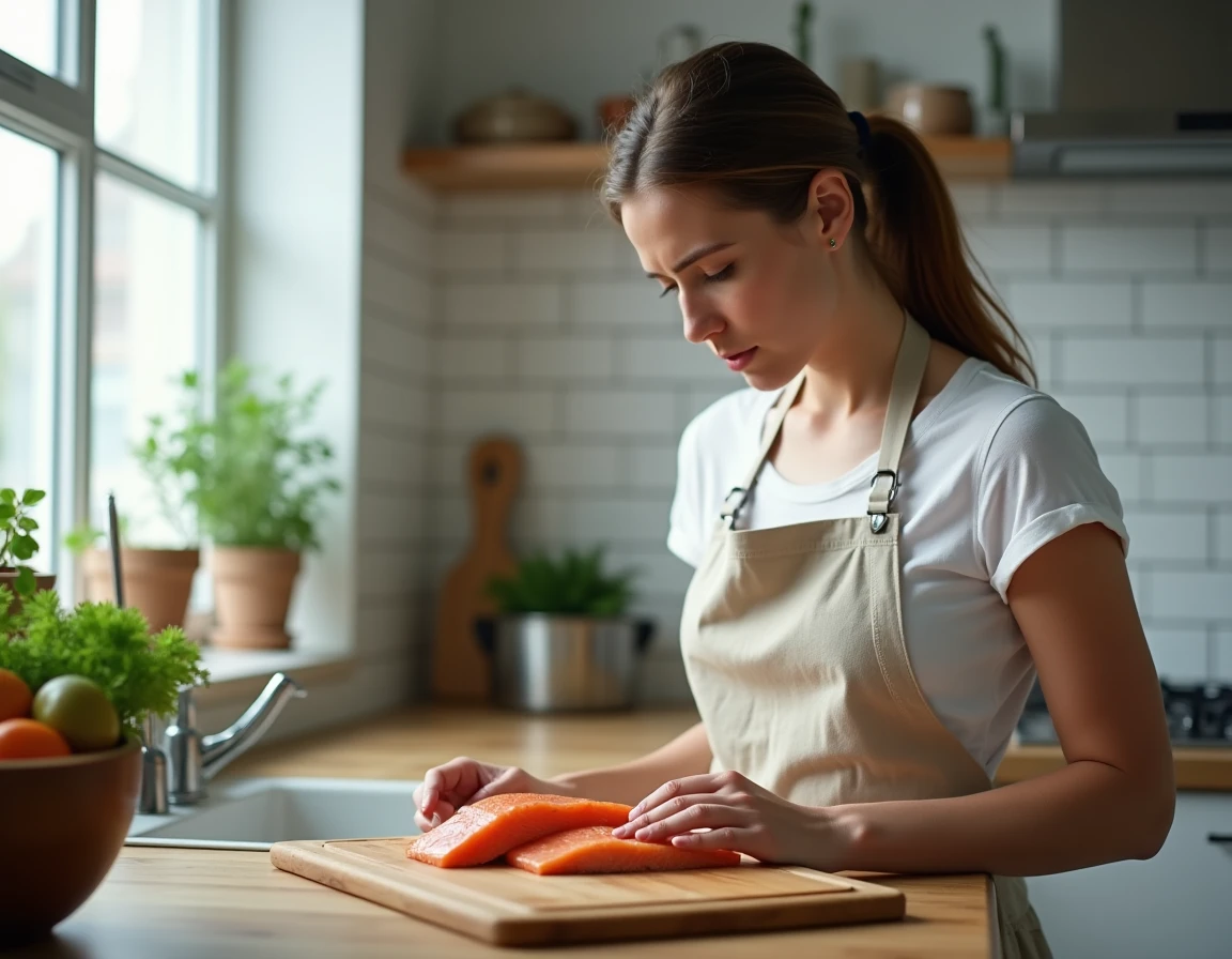 Une femme végane dans sa cuisine moderne regardant un filet de saumon frais avec une expression hésitante, illustrant le débat éthique entre végétalisme et consommation de poisson