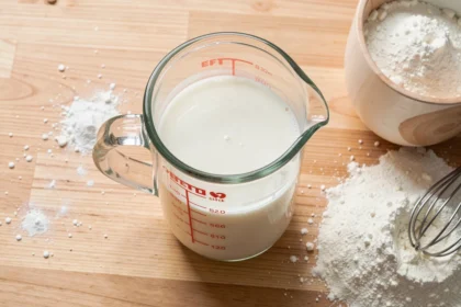 Verre doseur rempli de lait sur un plan de travail de cuisine