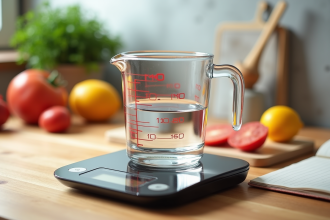 Verre d'eau sur une balance de cuisine numérique avec ingrédients frais