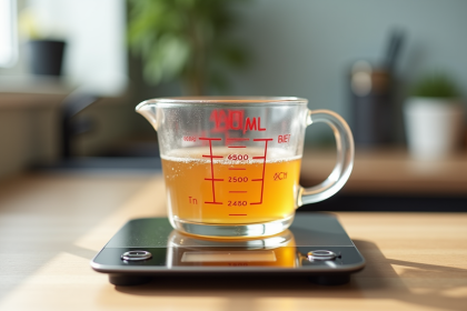 Verre mesure 400 ml sur balance de cuisine en lumière naturelle