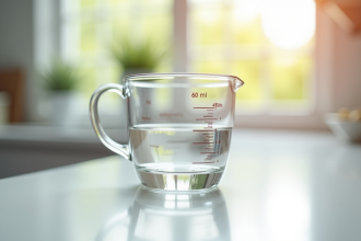Verre mesure 60 ml sur plan de travail lumineux