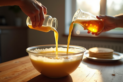 Mains versant de la bière dans la pâte à crêpe sur une table en bois