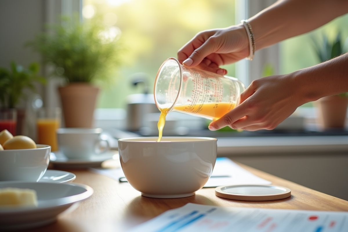 Main versant un liquide dans un bol avec outils de cuisine et tableaux de conversion