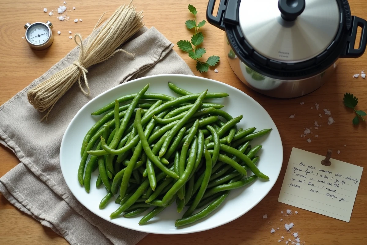 Vue de dessus d'une cocotte-minute avec des haricots verts cuits, une minuterie et une fiche recette pour le batch cooking