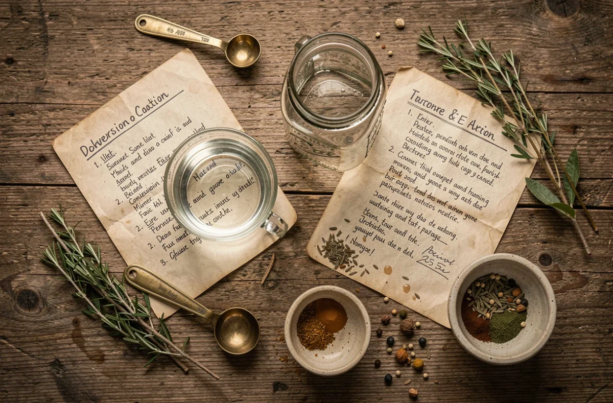 Vue du dessus d'une table rustique avec un ramequin de 25 cl, un bocal d'un litre et des notes de conversion de recettes pour illustrer la cuisine au quotidien