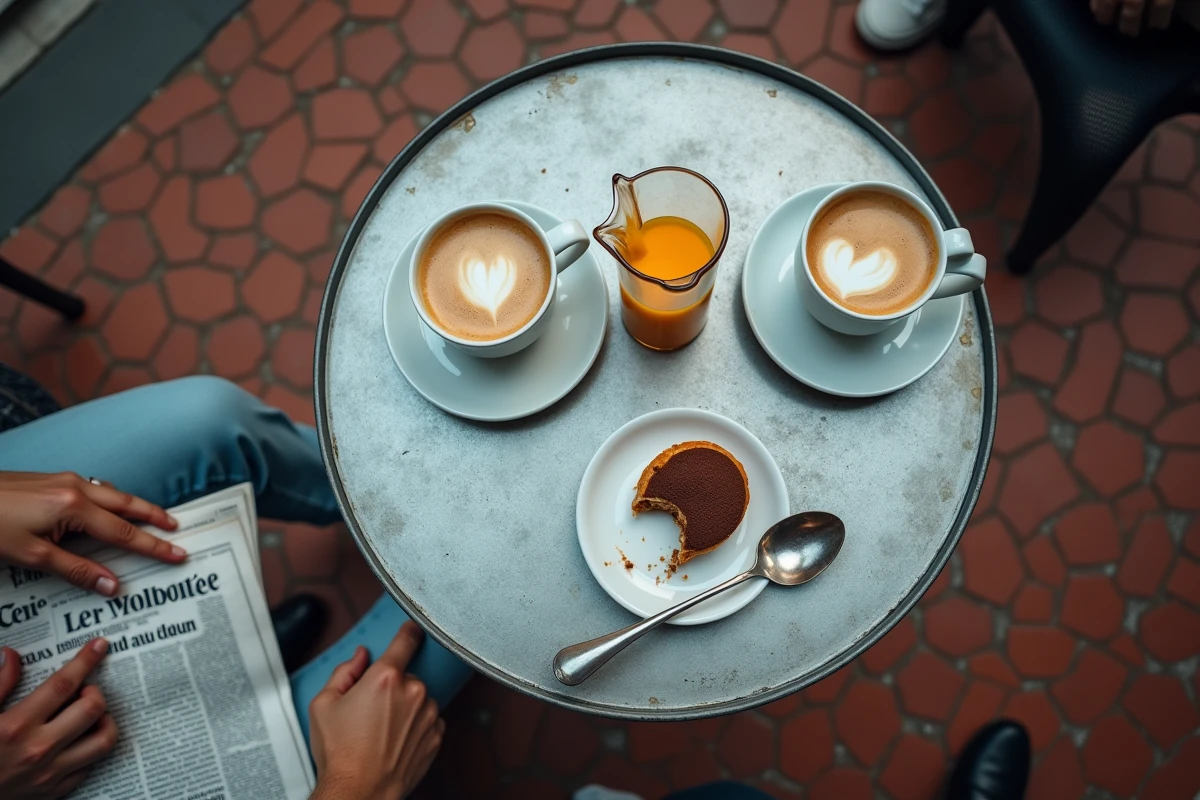 Vue plongeante d'une table de terrasse parisienne au Café du Châtelet avec café et viennoiseries dans le quartier des Halles